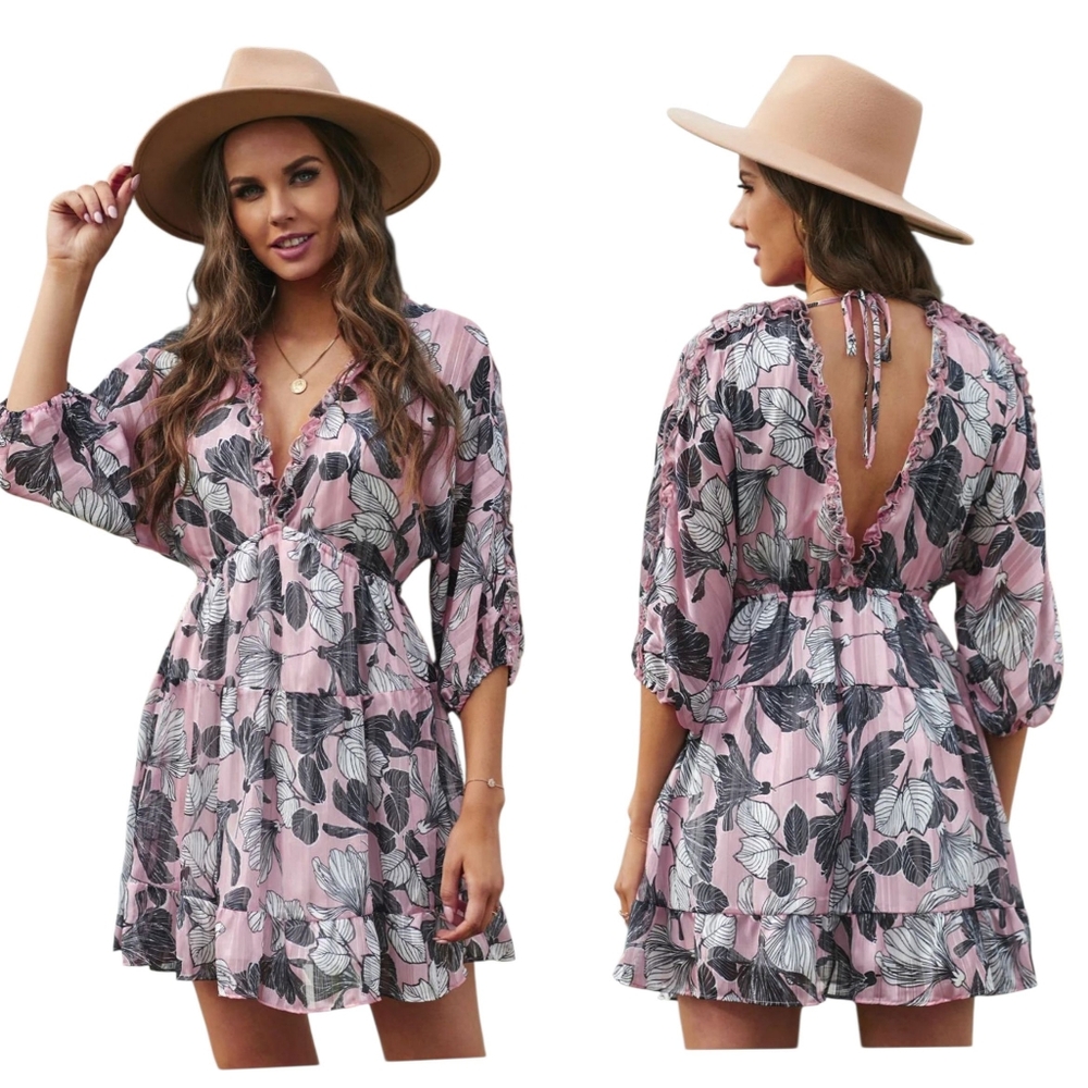 Ella Ruffle Tiered Babydoll Style Mini‎ Dress In Pink And Black NEW